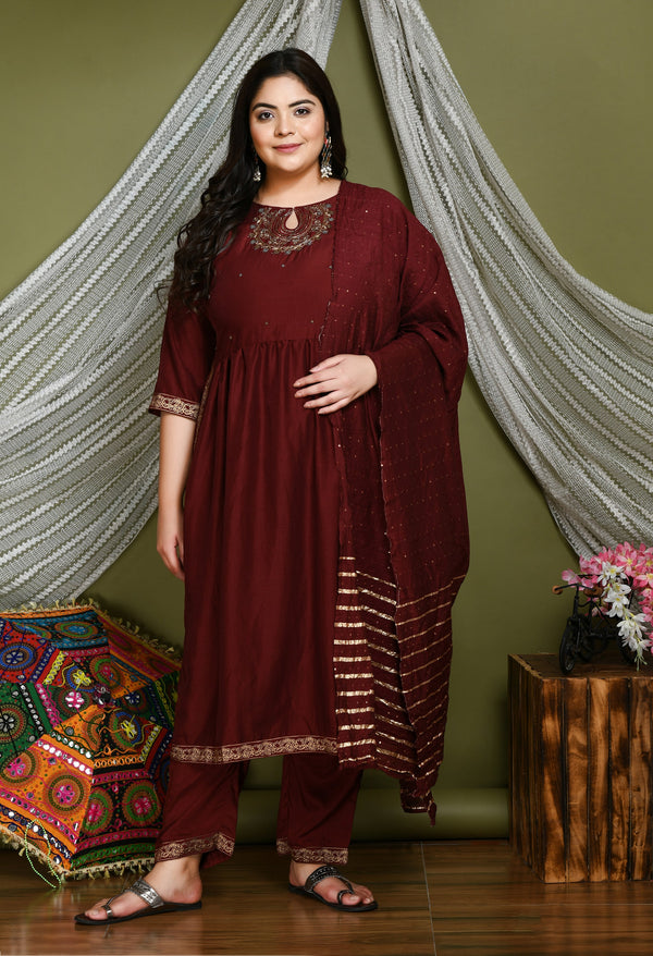 Plus Size Magnetic Maroon Nyraa Cut Kurta Set