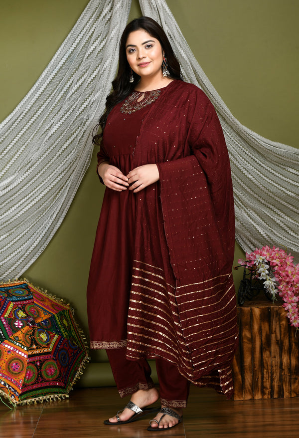 Plus Size Magnetic Maroon Nyraa Cut Kurta Set