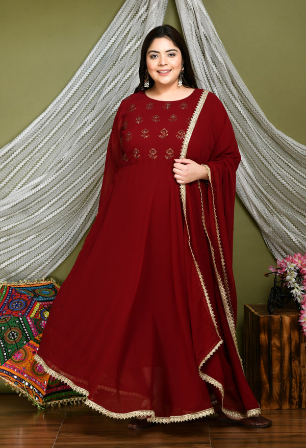 Plus Size Cardinal Maroon Anarkali Kurta with Dupatta