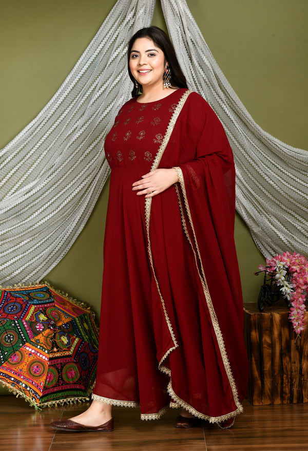 Plus Size Cardinal Maroon Anarkali Kurta with Dupatta