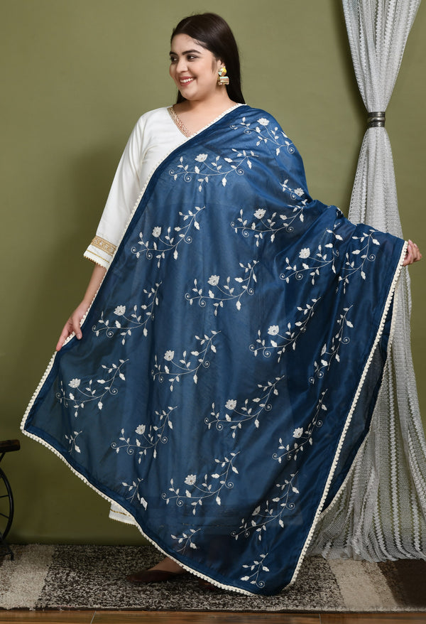 Plus Size Teal Embroidered Silk Blend Dupatta