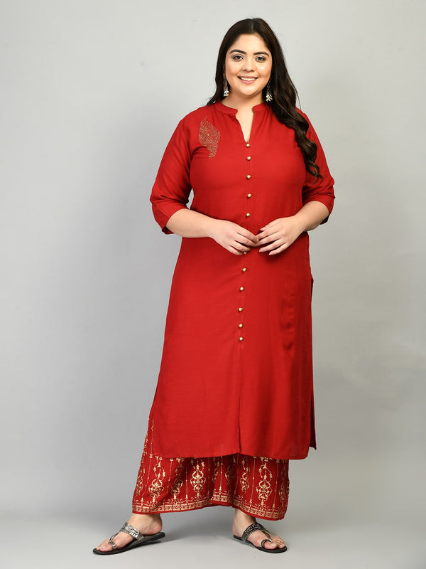 Plus Size Collared Red Kurta Palazzo Set