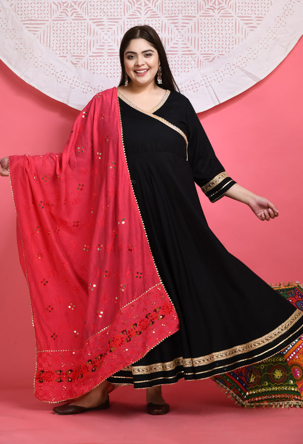 Plus Size Fresh Black Anarkali Kurta with Dupatta