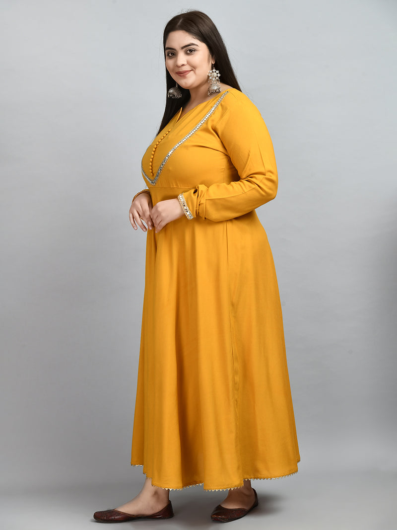 Plus Size Mustard Mirror Anarkali Kurta with Sequin Dupatta