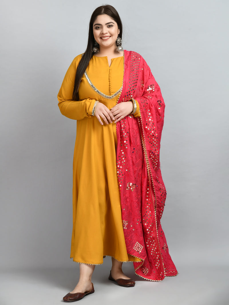 Plus Size Mustard Mirror Anarkali Kurta with Sequin Dupatta