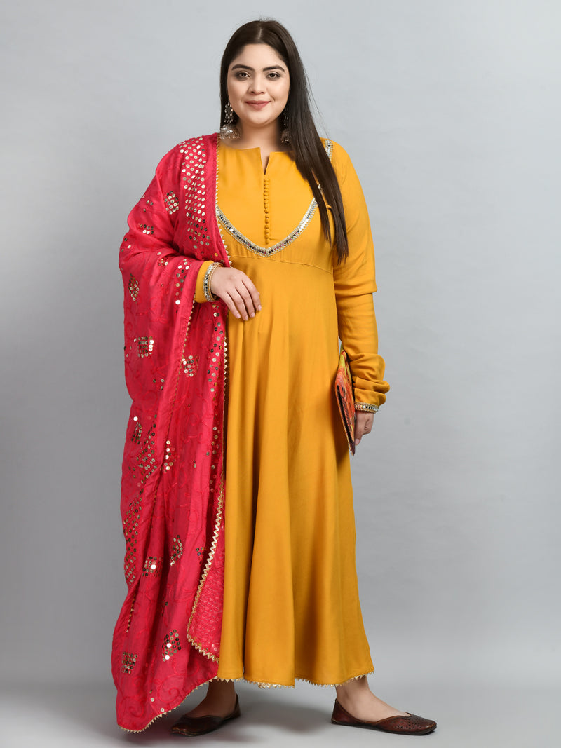 Plus Size Mustard Mirror Anarkali Kurta with Sequin Dupatta