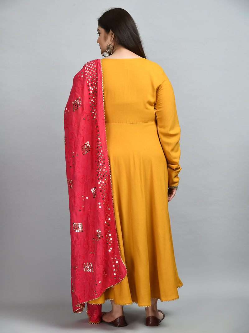 Plus Size Mustard Mirror Anarkali Kurta with Sequin Dupatta