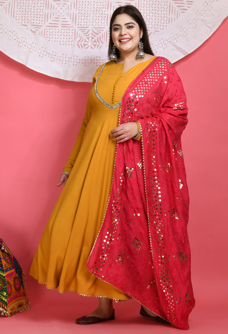 Plus Size Mustard Mirror Anarkali Kurta with Sequin Dupatta