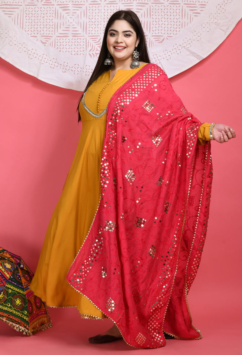 Plus Size Mustard Mirror Anarkali Kurta with Sequin Dupatta