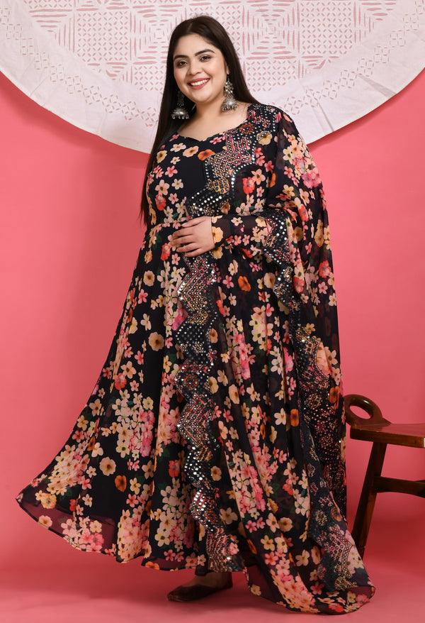 Plus Size Smokey Black Anarkali Kurta with Dupatta