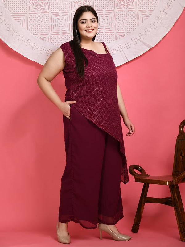 Plus Size Asymmetrical Wine Co-ord Set