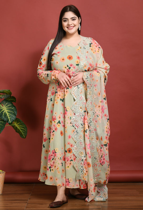 Plus Size Tropical Green Anarkali Kurta with Dupatta