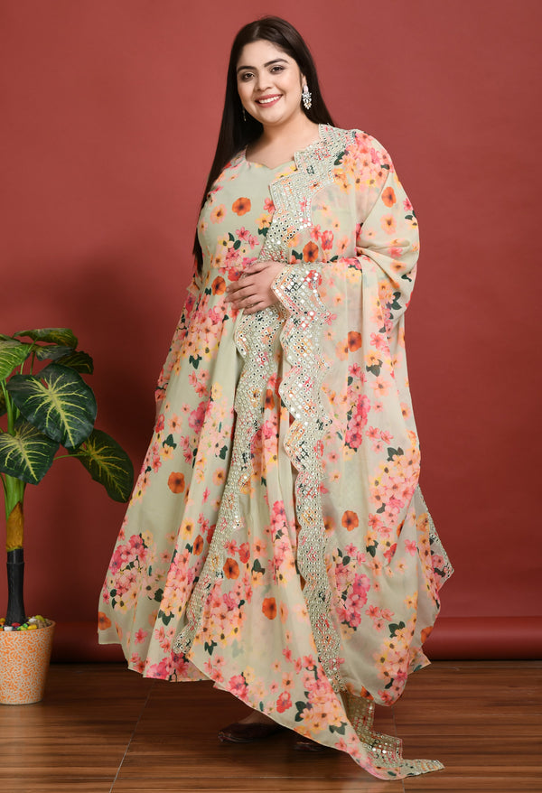 Plus Size Tropical Green Anarkali Kurta with Dupatta