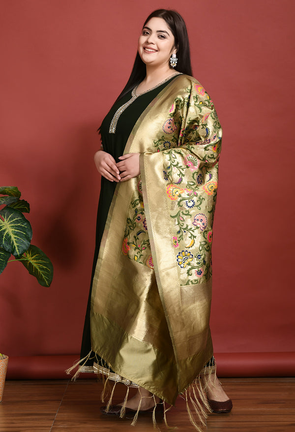 Plus Size Women Gold Banarasi Floral Dupatta