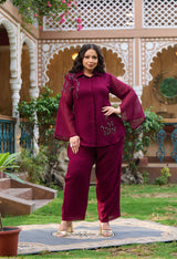 Plus Size Regal Wine Georgette Collared Co-ord Set with Intricate Handwork