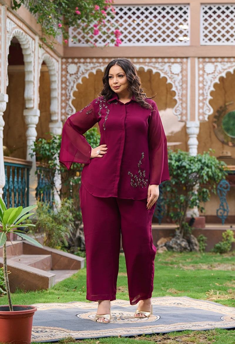 Plus Size Regal Wine Georgette Collared Co-ord Set with Intricate Handwork