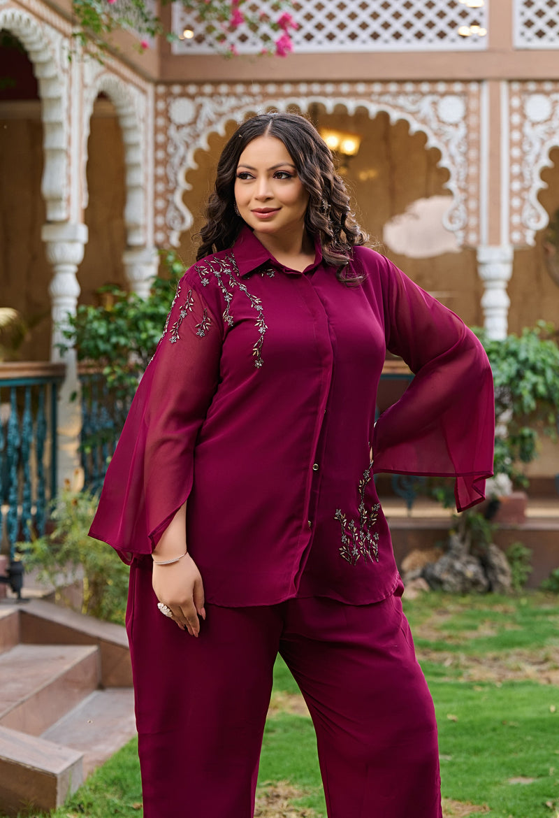 Plus Size Regal Wine Georgette Collared Co-ord Set with Intricate Handwork