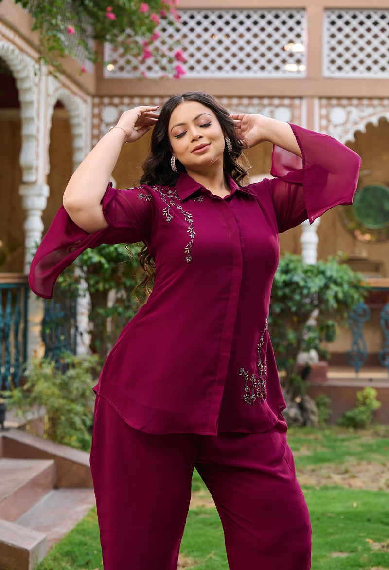 Plus Size Regal Wine Georgette Collared Co-ord Set with Intricate Handwork