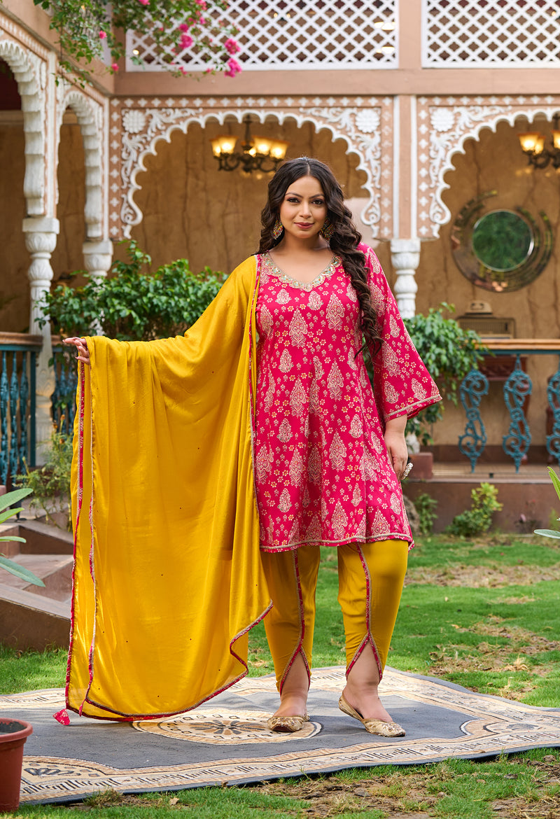 Plus Size Vibrant Rani Pink Tulip Pant Set with Dupatta