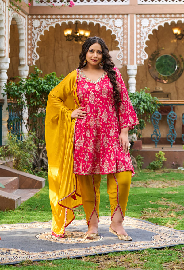 Plus Size Vibrant Rani Pink Tulip Pant Set with Dupatta