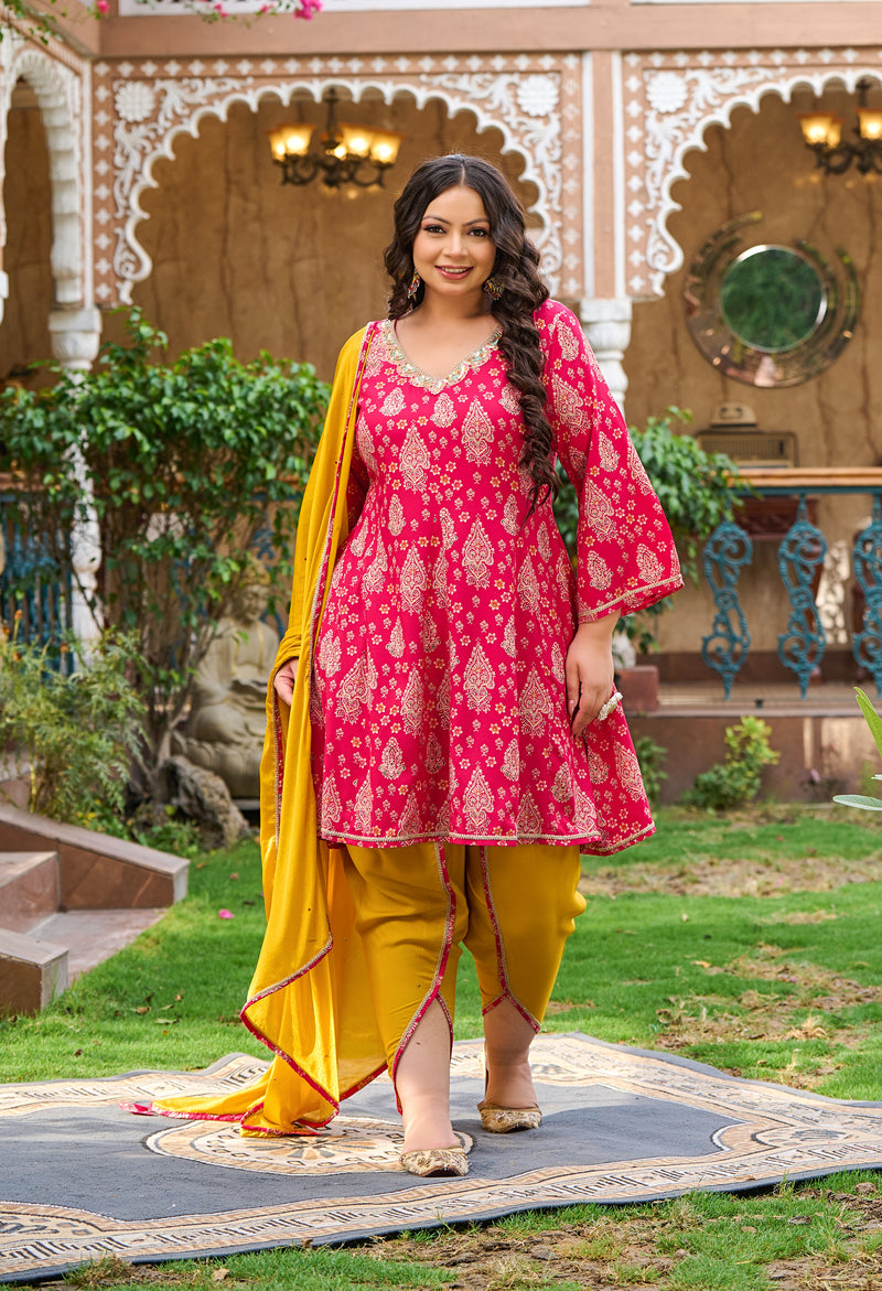 Plus Size Vibrant Rani Pink Tulip Pant Set with Dupatta