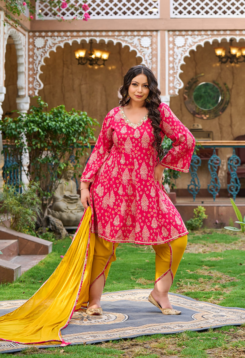 Plus Size Vibrant Rani Pink Tulip Pant Set with Dupatta