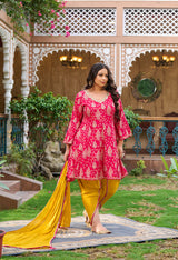 Plus Size Vibrant Rani Pink Tulip Pant Set with Dupatta