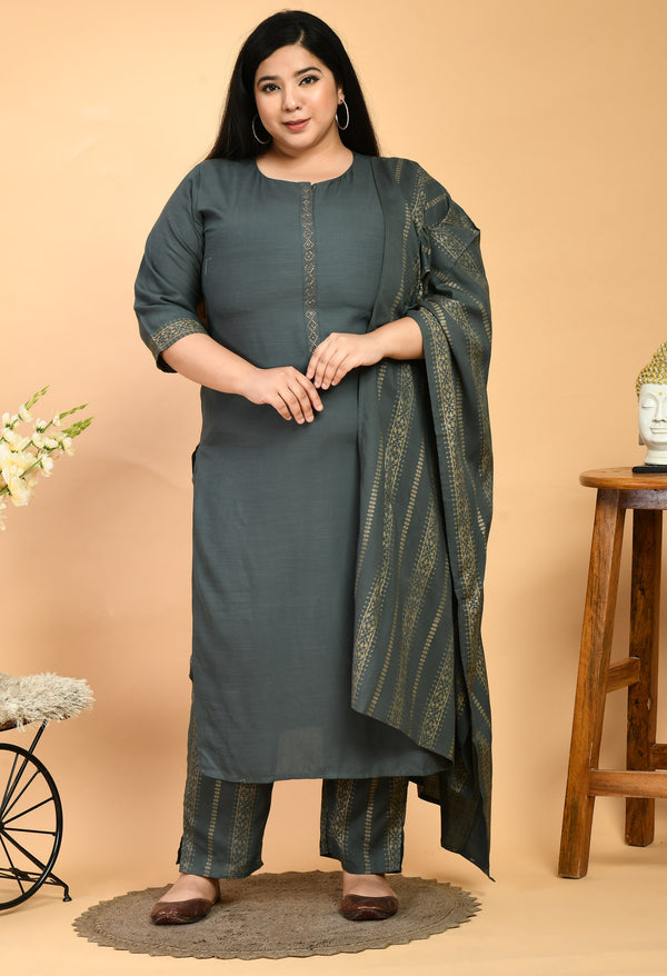 Plus Size Soothing Grey & Gold Kurta Set