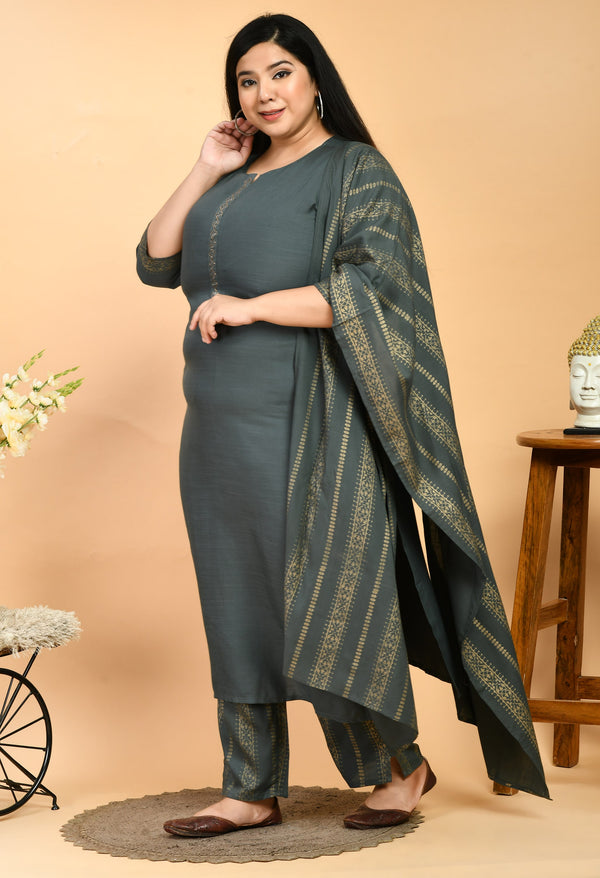 Plus Size Soothing Grey & Gold Kurta Set