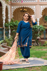 Plus Size Teal Blue Silk Kurta Harem Set with Organza Dupatta