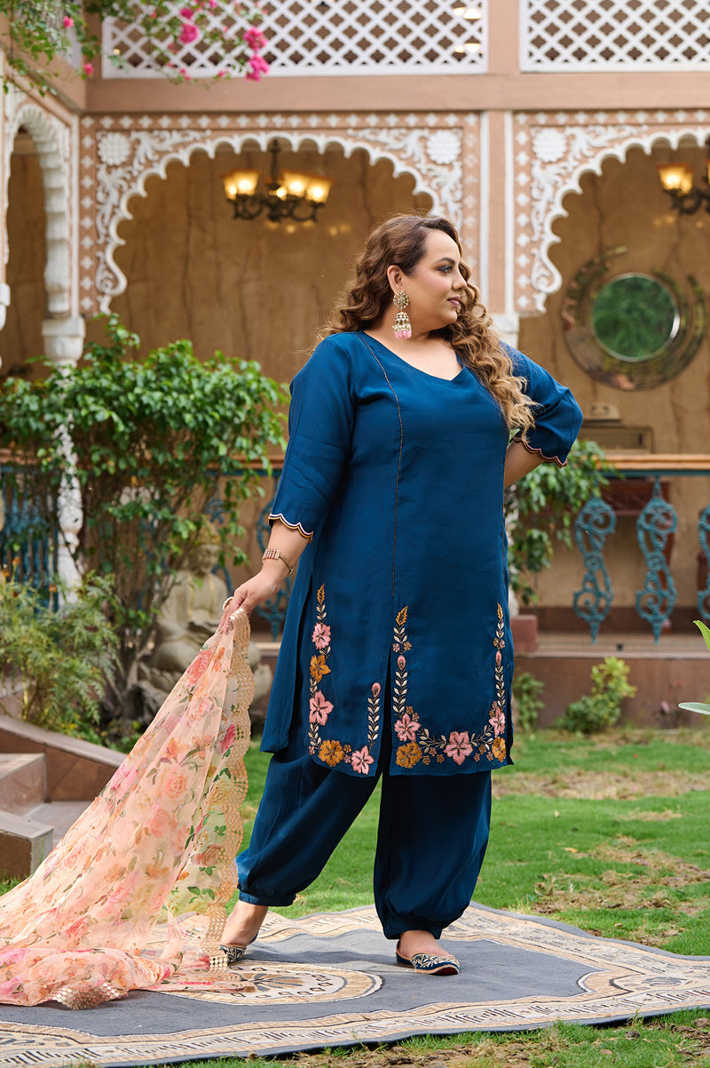 Plus Size Teal Blue Silk Kurta Harem Set with Organza Dupatta