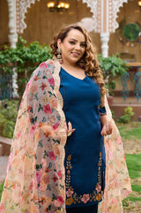 Plus Size Teal Blue Silk Kurta Harem Set with Organza Dupatta