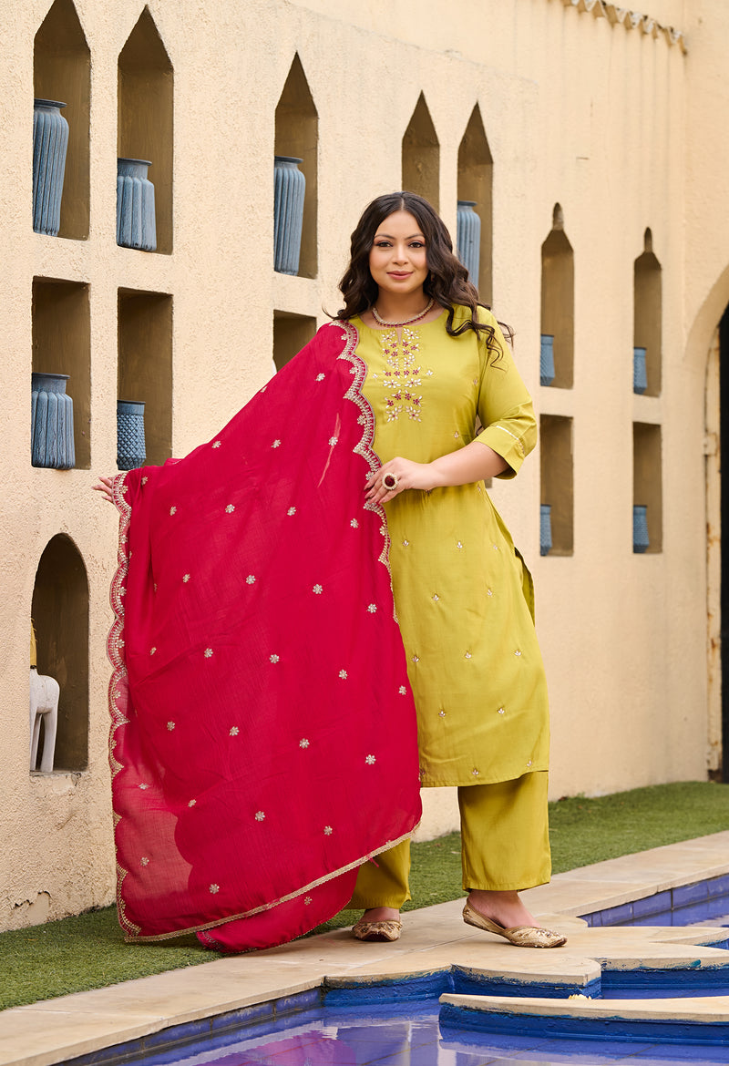 Plus Size Parrot Green Silk Kurta Set with Magenta Dupatta