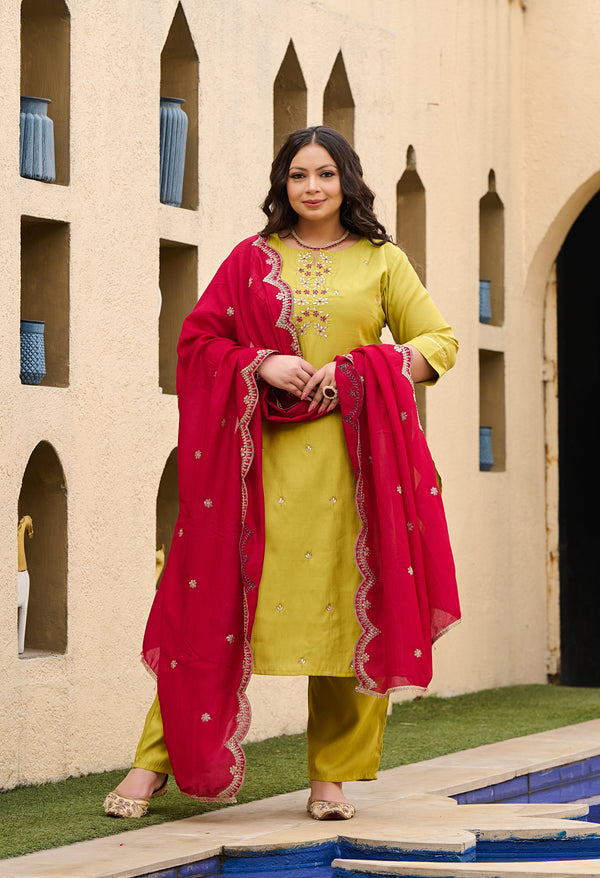 Plus Size Parrot Green Silk Kurta Set with Magenta Dupatta