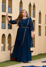 Plus Size Cosmic Teal Blue Hand Work Georgette Drape Saree with Belt