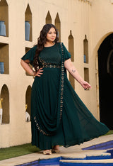 Plus Size Sizzling Bottle Green Embellished Georgette Drape Saree with Belt