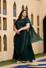 Plus Size Sizzling Bottle Green Embellished Georgette Drape Saree with Belt