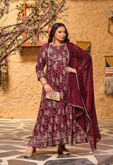 Plus Size Glorious Wine Embellished Anarkali with Dupatta