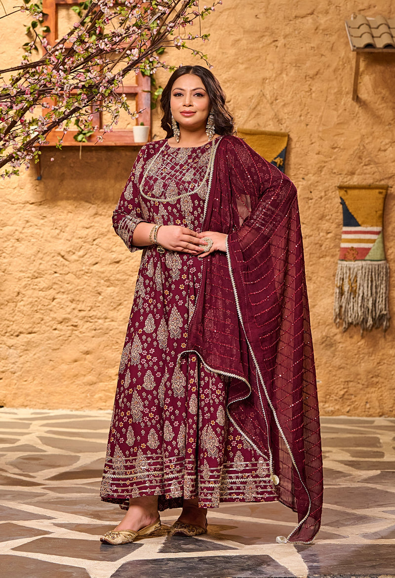 Plus Size Glorious Wine Embellished Anarkali with Dupatta