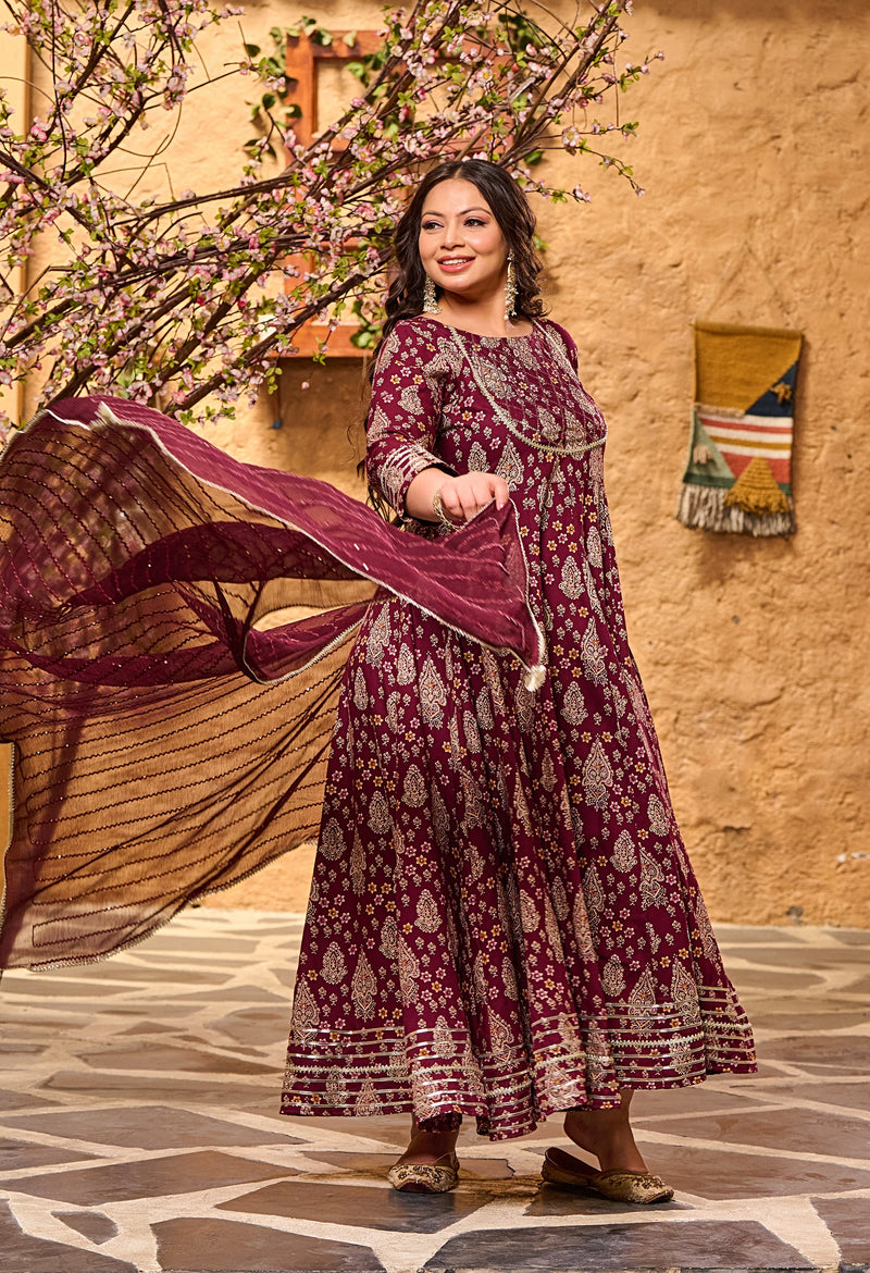 Plus Size Glorious Wine Embellished Anarkali with Dupatta