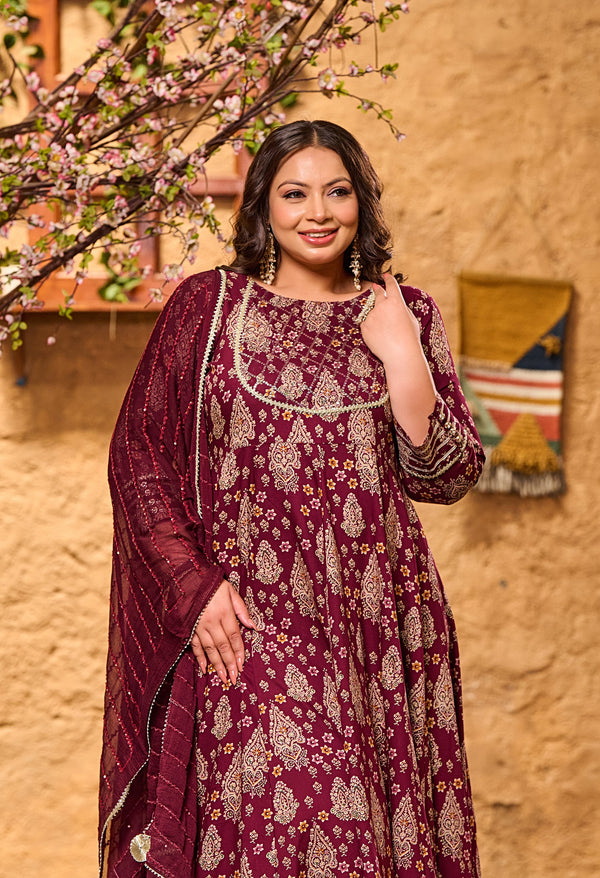 Plus Size Glorious Wine Embellished Anarkali with Dupatta