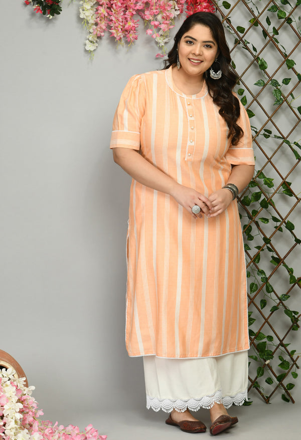 Plus Size Coral Peach Striped Kurta Palazzo Set