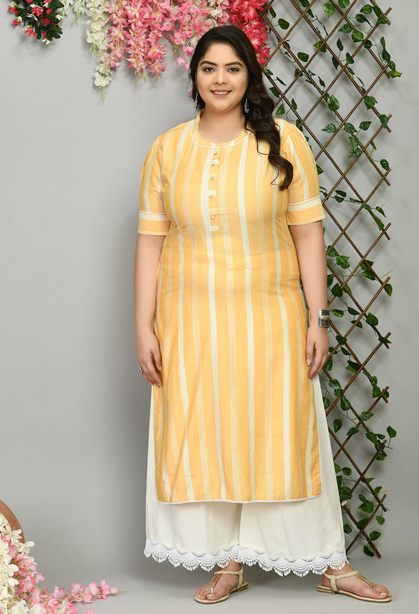 Plus Size Ornate Yellow Striped Kurta Palazzo Set