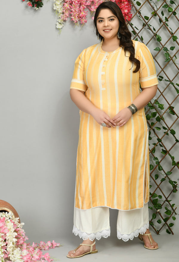 Plus Size Ornate Yellow Striped Kurta Palazzo Set