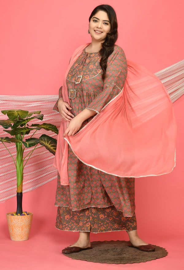 Plus Size Pretty Printed Cotton Anarkali with Palazzo and Dupatta