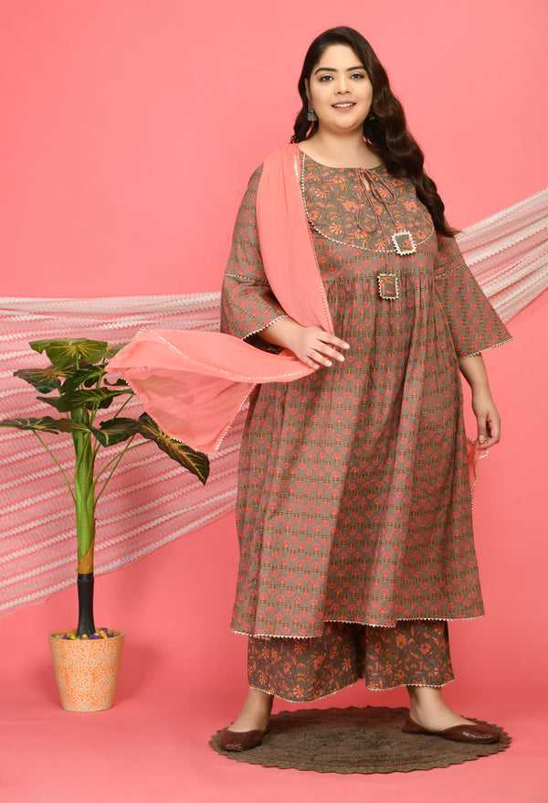 Plus Size Pretty Printed Cotton Anarkali with Palazzo and Dupatta