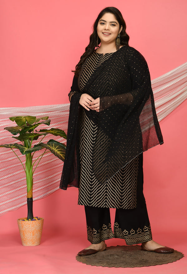 Plus Size Zig Zag Black & Gold Printed Kurta with Palazzo and Dupatta