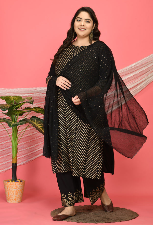 Plus Size Zig Zag Black & Gold Printed Kurta with Palazzo and Dupatta