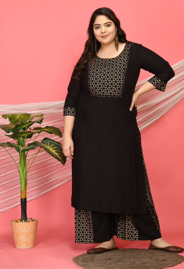 Plus Size Embellished Black & Gold Kurta Sharara Set