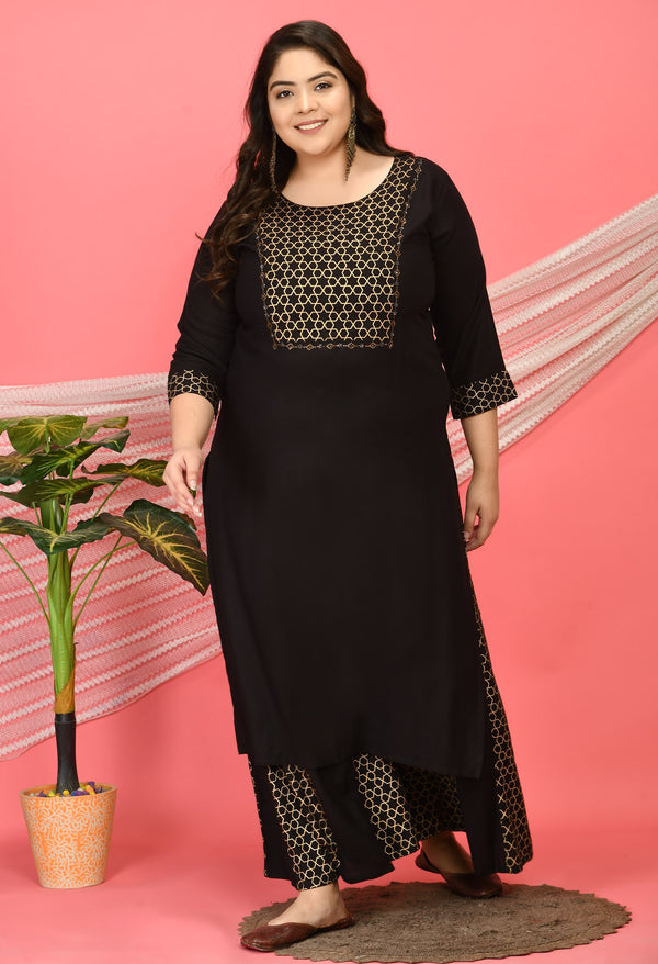 Plus Size Embellished Black & Gold Kurta Sharara Set